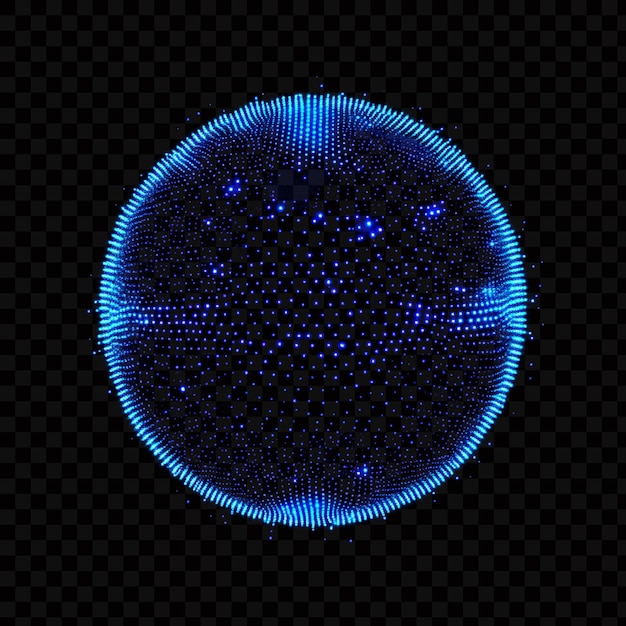 Bola digital bercahaya biru terbuat dari titik-titik kecil pada latar belakang transparan
