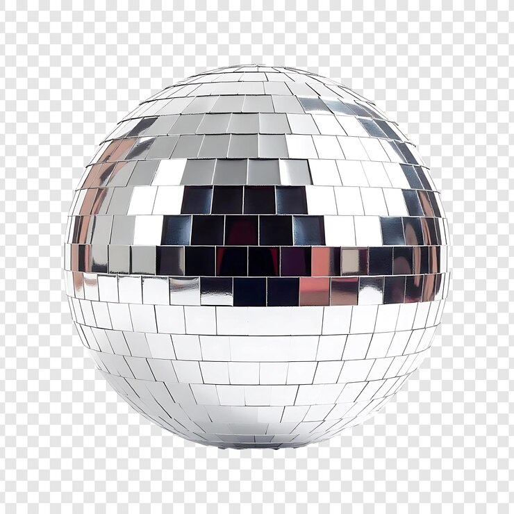 PSD bola de discoteca esfera reflectante espejo mosaico brillante glamuroso fiesta de baile retro club nocturno de los años 70 plata brillante alto detalle iluminación de estudio