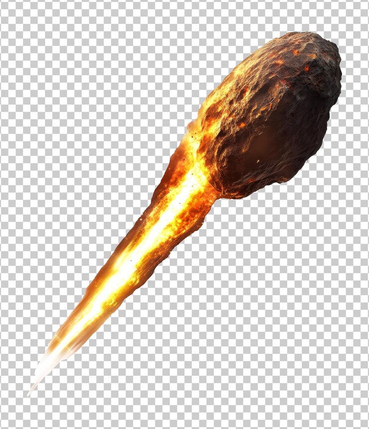 PSD bola de fuego atravesando el cielo nocturno sobre un paisaje oscuro transparente