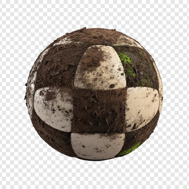 PSD bola de fútbol cubierta de tierra aislada sobre un fondo transparente
