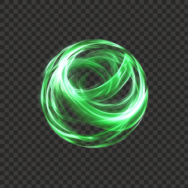 Bola de luz de vórtice verde neón con movimiento en espiral aislado fondo transparente PNG
