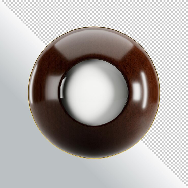 PSD bola de madera con ventana en blanco y anillo dorado aislado sobre fondo transparente