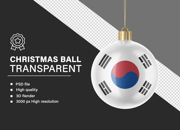 Bola de Navidad en 3D con la bandera de Corea del Sur aislada en un fondo transparente