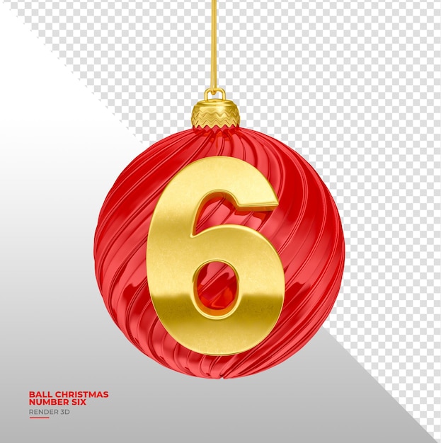 Bola de navidad con el número seis en render 3d realista con fondo transparente