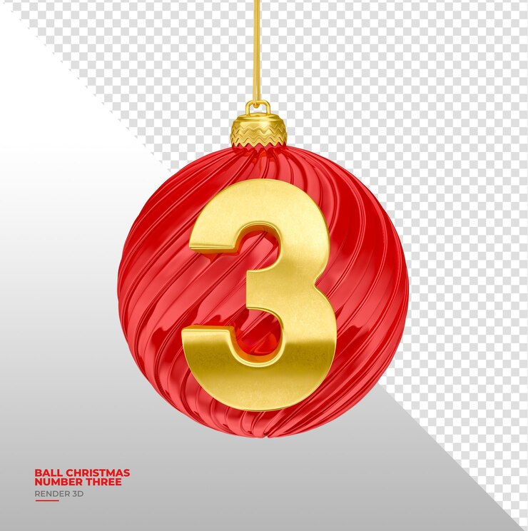 PSD bola de navidad con el número tres en render 3d realista con fondo transparente