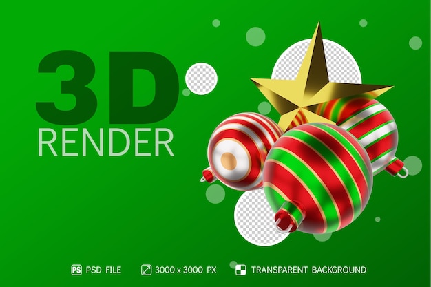 PSD bola de navidad realista y estrella de oro 3d render fondo aislado