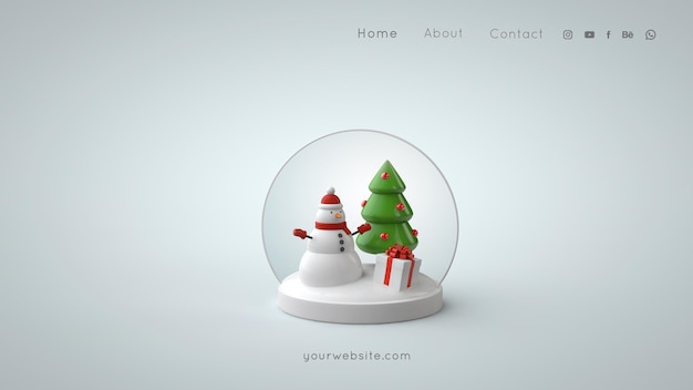 Bola de nieve con árbol de navidad muñeco de nieve y regalo Tarjeta de felicitación de feliz navidad plantilla PSD render 3d