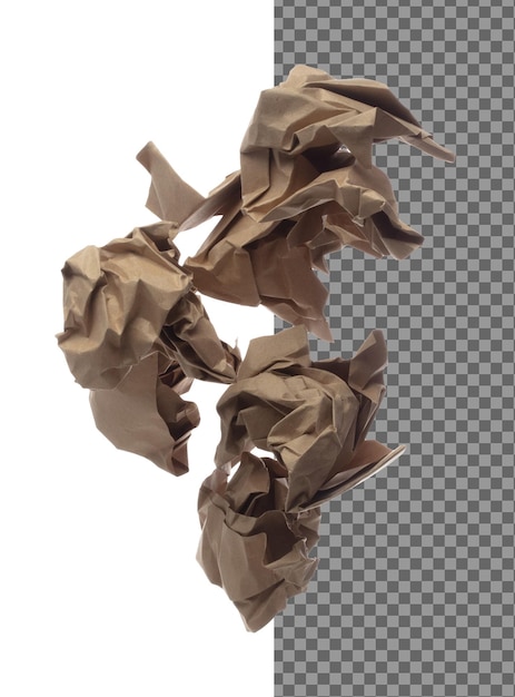 La bola de papel arrugada marrón es un símbolo de frustración, las ideas descartadas aisladas, el fondo blanco, la bola de papel arruinada, escribir dibujos creativos, resolver problemas, obras de arte potenciales, muchos ángulos de papel reciclado.