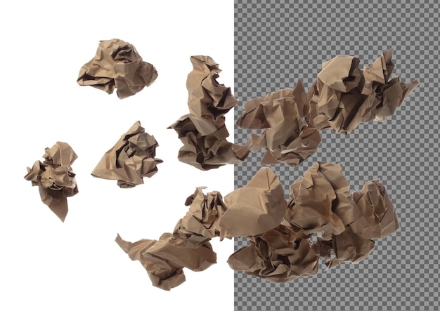 La bola de papel arrugada marrón es un símbolo de frustración, las ideas descartadas aisladas, el fondo blanco, la bola de papel arruinada, escribir dibujos creativos, resolver problemas, obras de arte potenciales, muchos ángulos de papel reciclado.