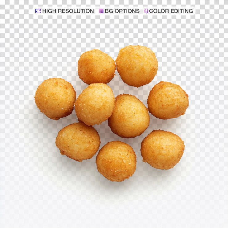 PSD bola de patatas doradas y crujientes perfectamente dispuestas sobre un fondo blanco