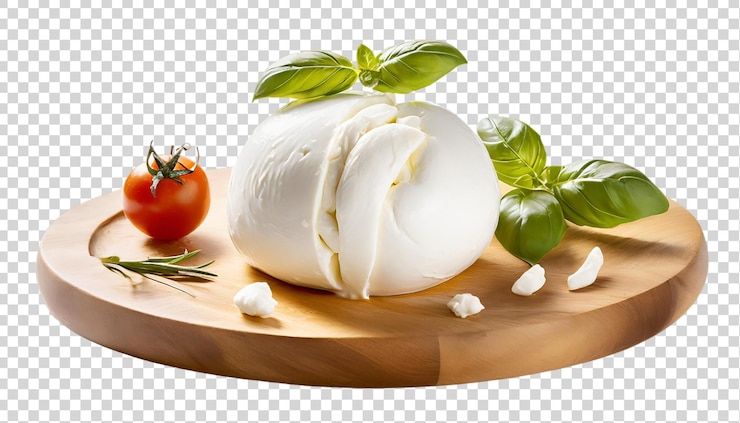 PSD bola de queso mozzarella con hojas verdes aisladas sobre un fondo transparente