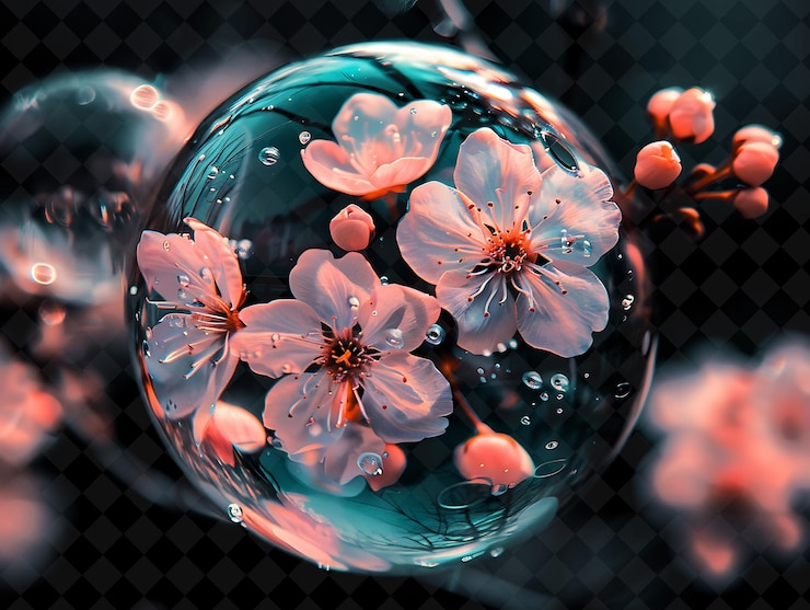 PSD una bola de vidrio con flores y gotas de agua