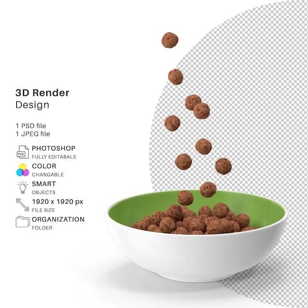 Bolas de cereal de chocolate en un tazón modelado 3d archivo psd tazón de bolas de chocolate realista