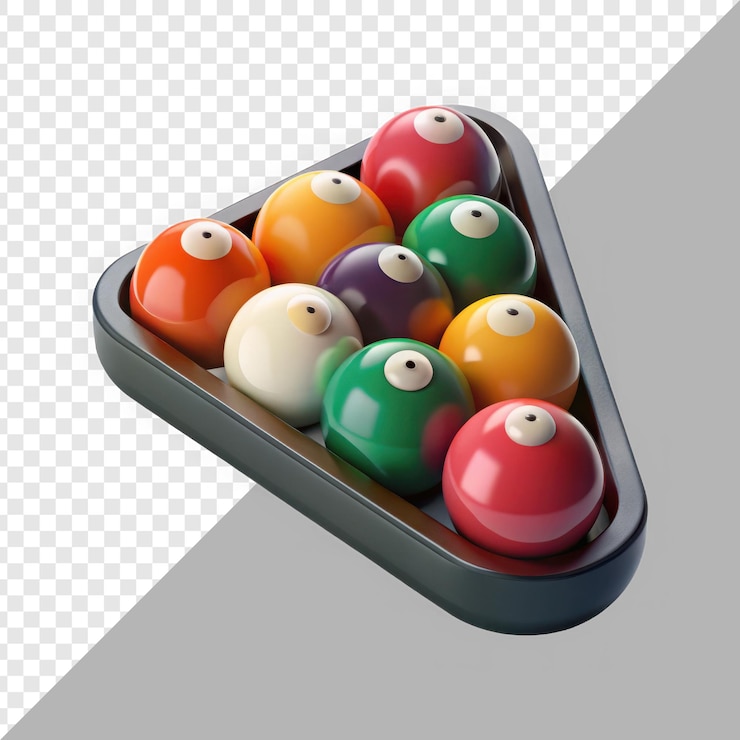 PSD bolas de bilhar coloridas e vibrantes dispostas em um triângulo, com cores ricas e acabamentos brilhantes