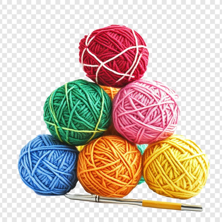 PSD bolas de hilo de colores y una aguja de ganchillo
