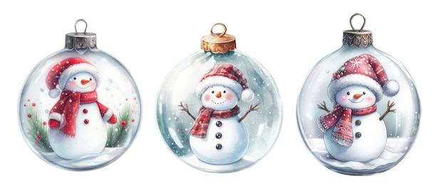 Bolas de navidad con un muñeco de nieve ilustración de acuarela aislada en fondo blanco ia generativa