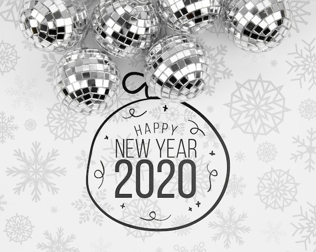 Bolas de Navidad plateadas con feliz año nuevo 2020 doodle