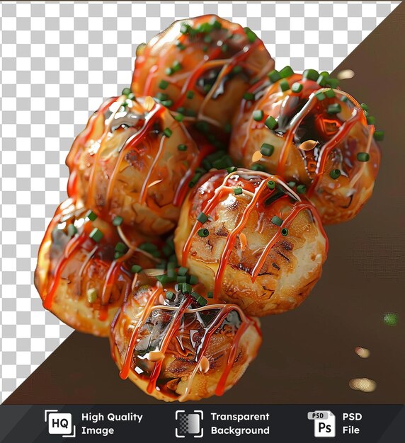 PSD bolas de takoyaki cubiertas de salsa y salpicaduras en una mesa marrón