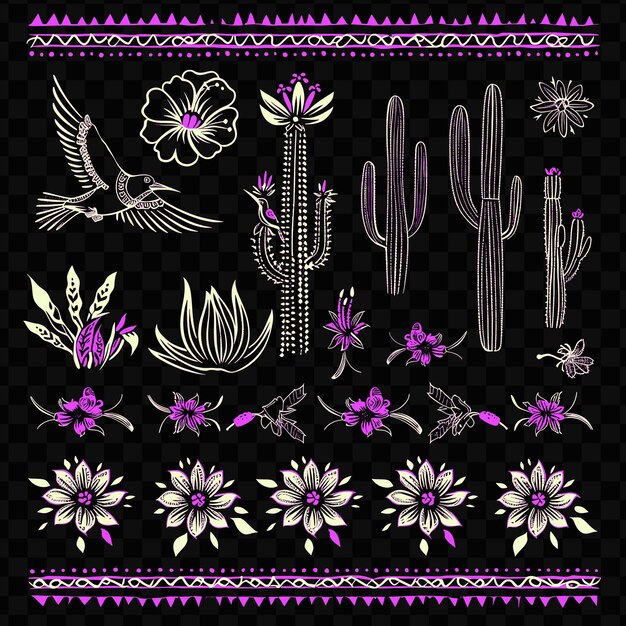 PSD bold cactus flower borderlines diseño con motivo de colibrí tatuaje arte natural esbozo garabateado