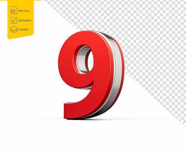 Bold Vibrant Red Number Nine Number 9 con elegante lucentezza metallica su sfondo bianco Illustrazione 3D