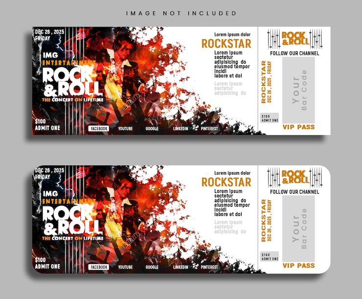 PSD boleto de evento de concierto en vivo y plantilla de boleto de fiesta nocturna