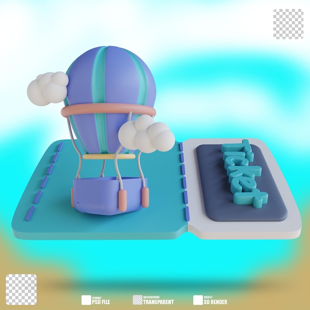 Boleto de globo de aire caliente de ilustración 3D