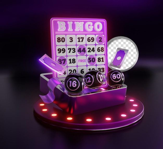 Boleto de lotería de bingo y bolas de lotería con caja de regalos Ilustración de acciones en 3D