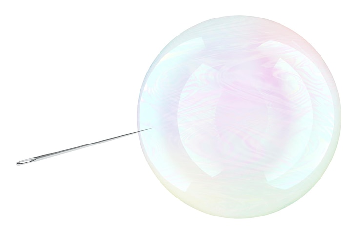 PSD bolha de sabão com agulha conceito de bolha financeira renderização 3d isolada em fundo transparente