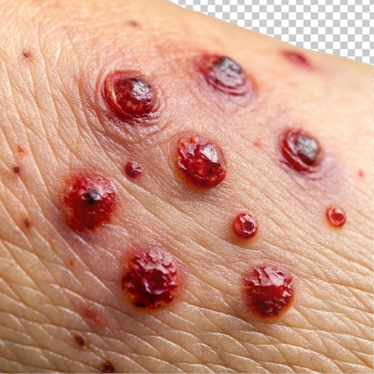 PSD bolhas de sangue na pele enfatizando o levantado em fundo transparente