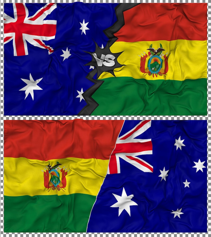 PSD bolívia vs austrália meia bandeira combinada textura de tecido de bump renderização 3d