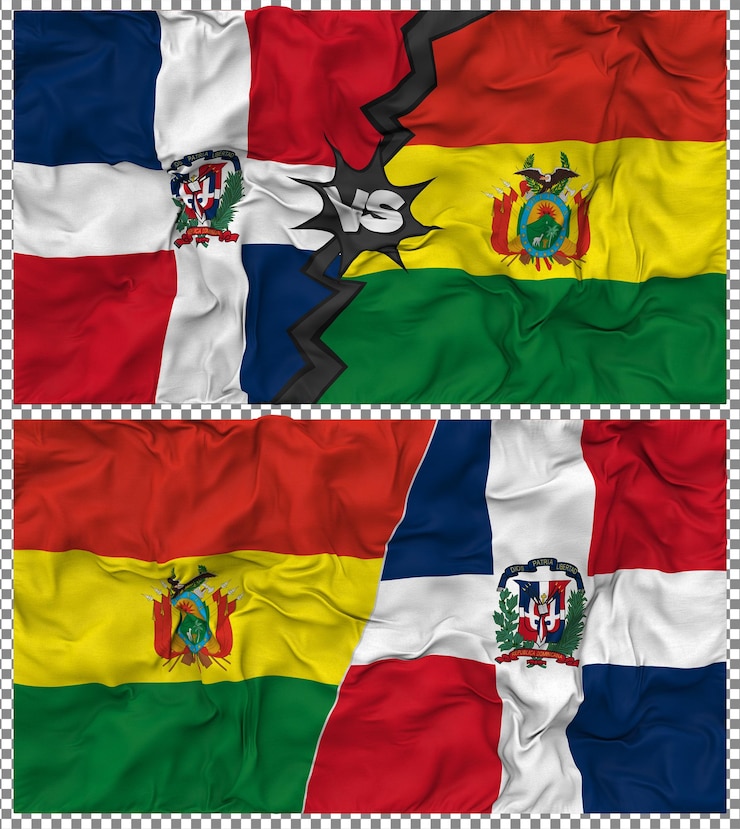 PSD bolivia vs dominicana media bandera combinada con textura de baches de tela y renderizado en 3d