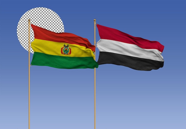 Bolivien und Jemen wehen gemeinsam Fahnen Bilaterale Beziehungen 3D-Rendering