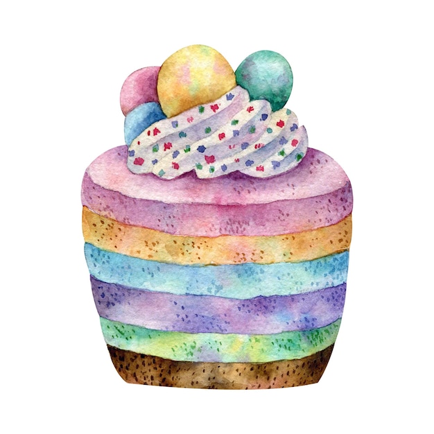 PSD bolo com camadas coloridas decoradas com elementos de aquarela de ovos de páscoa isolados em fundo branco