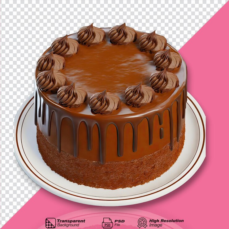 bolo com cobertura de chocolate num prato isolado sobre um fundo transparente