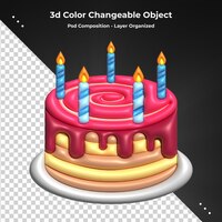 Bolo de aniversário 3d com vela no fundo rosa renderização em 3d