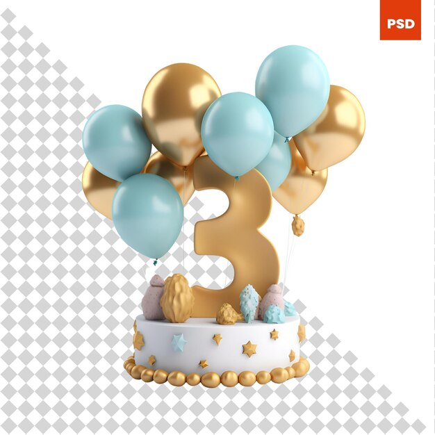 PSD bolo de aniversário número 3 com renderização 3d de balões dourados e azuis