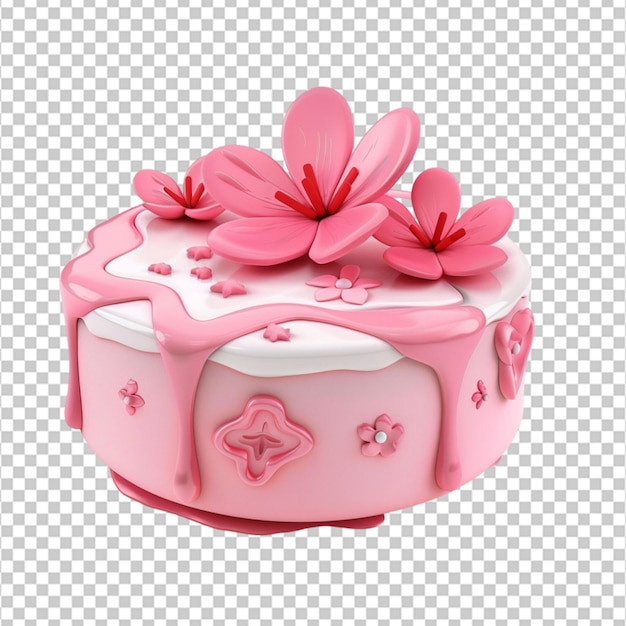 PSD bolo rosa bonito 3d com flor feliz aniversário estilo de desenho animado de plástico em fundo branco isolado