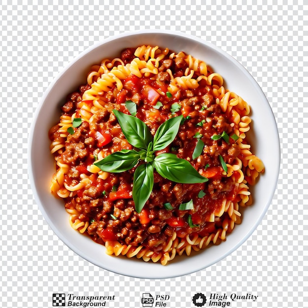 Bolognese cocinado con lentejas y pasta vista de arriba aislada sobre un fondo transparente