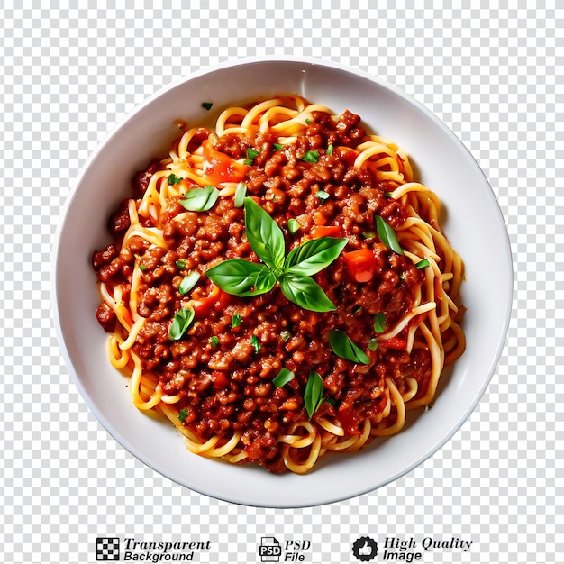 PSD bolognese cuit avec des lentilles et des pâtes vue de haut isolée sur un fond transparent