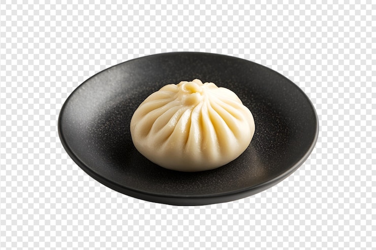 PSD bolos de bao al vapor con cilantro en un plato negro aislado sobre un fondo transparente