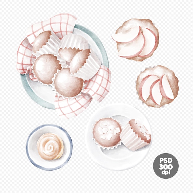 Bolos de maçã, cupcakes e pão em um prato clipart desenhado à mão