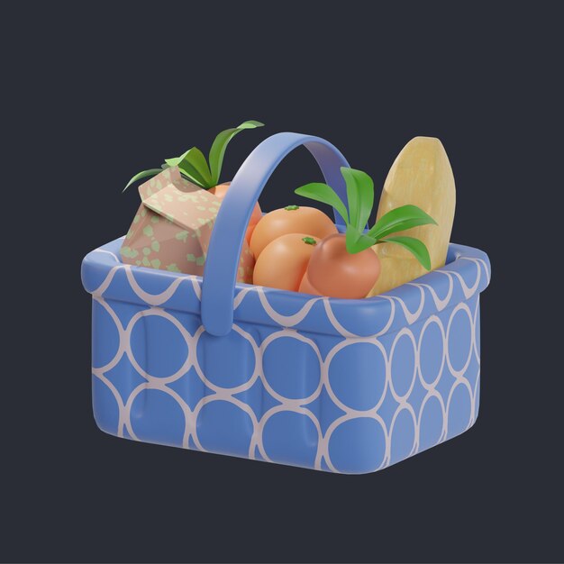Una bolsa azul y blanca con frutas.