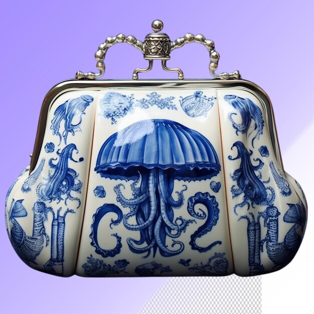 Una bolsa azul y blanca con un hongo azul en la parte superior