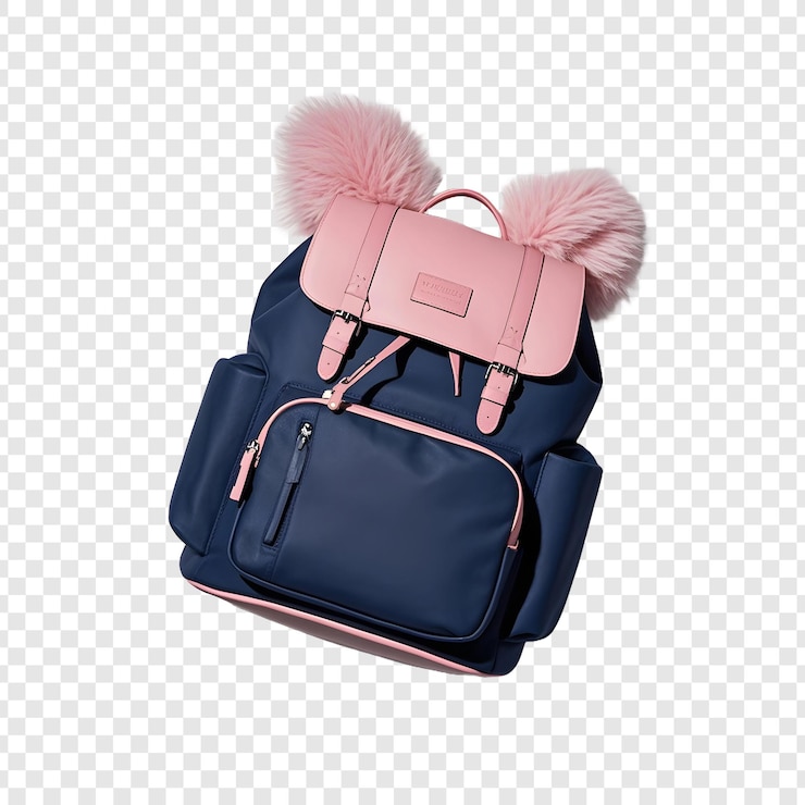 PSD una bolsa azul con pelaje rosa y un cuello de pelaje rosa
