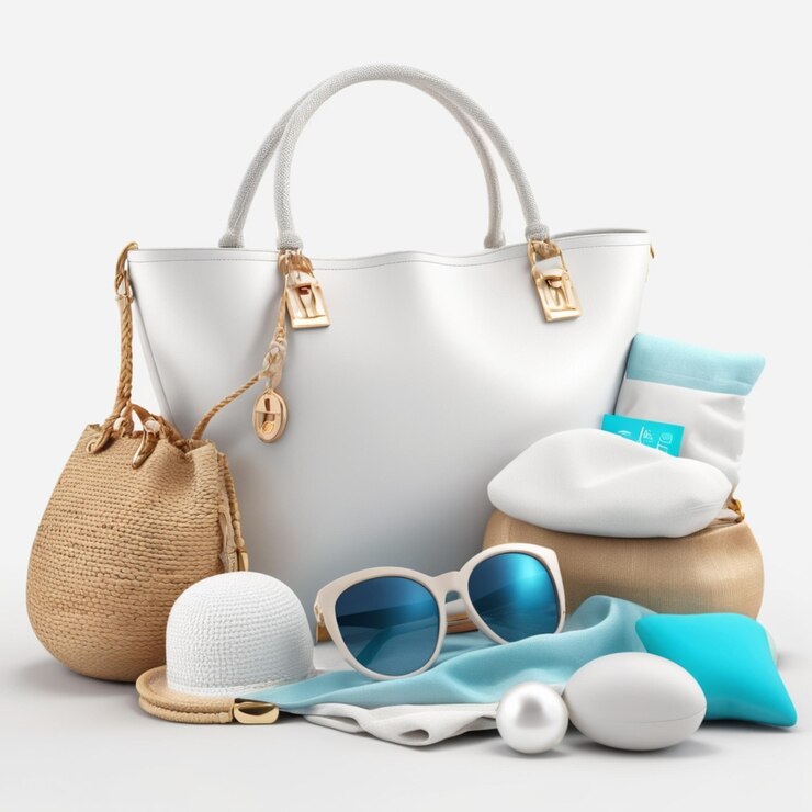 PSD una bolsa blanca y azul con anteojos de sol y una bolsa con un par de gafas de sol