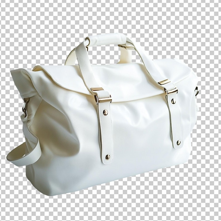 PSD una bolsa blanca con dos correas sentadas en un fondo transparente