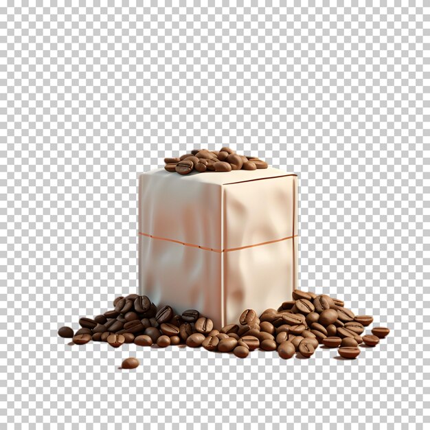 PSD bolsa de café con granos de café aislados en un fondo transparente