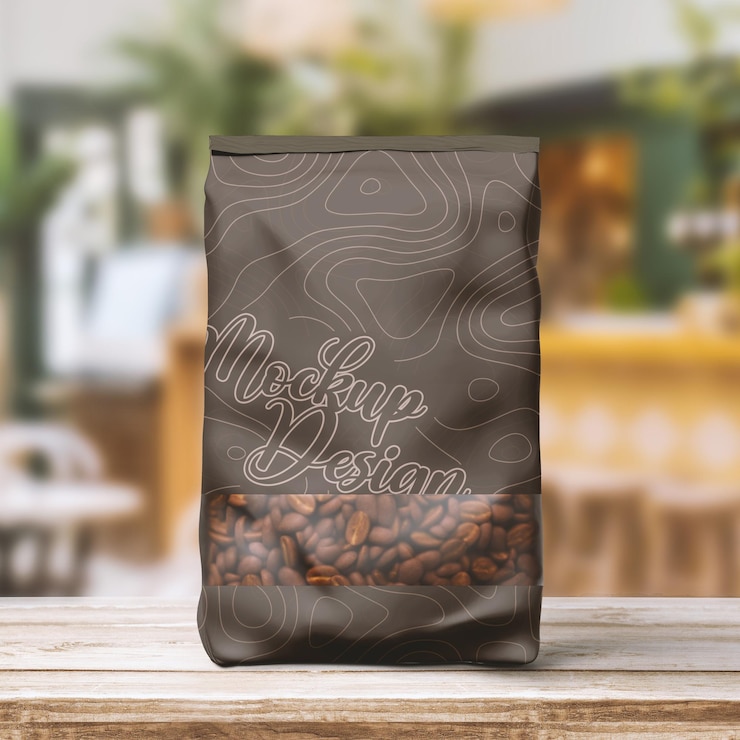 PSD bolsa de café de plástico, embalaje de bolsa de café de bolsa de aluminio. paquete para maqueta psd de marca e identidad