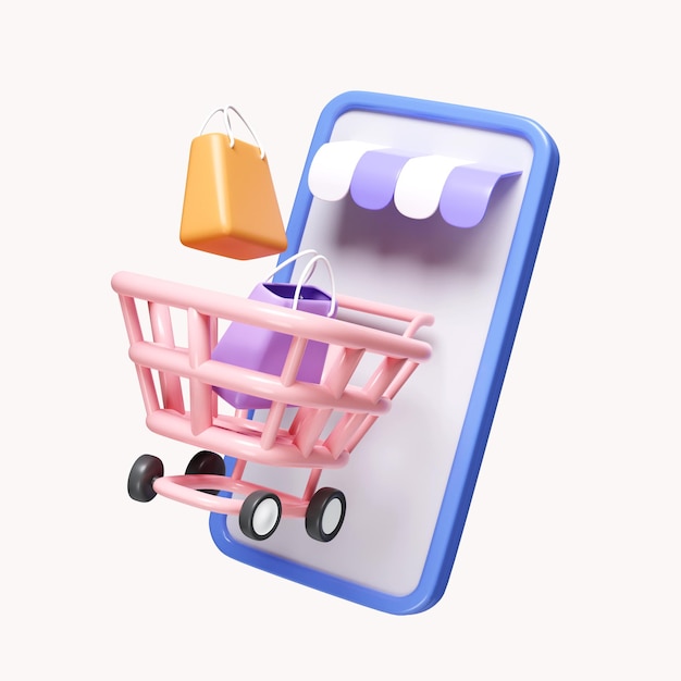 Bolsa de compras 3d carritos de compras y teléfono inteligente Icono de concepto de compras en línea aislado sobre fondo blanco Ilustración de representación 3d Trazado de recorte