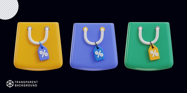 Bolsa de compras 3D con conjunto de iconos de teg de descuento